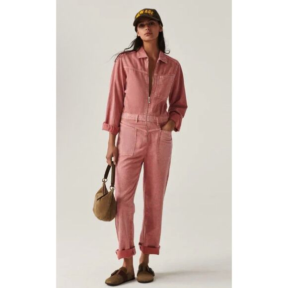 ba&sh Pants - ba&sh Dova Denim Jumpsuit Washed Rose Pink Front Zipper Patch Pocket Women US 8